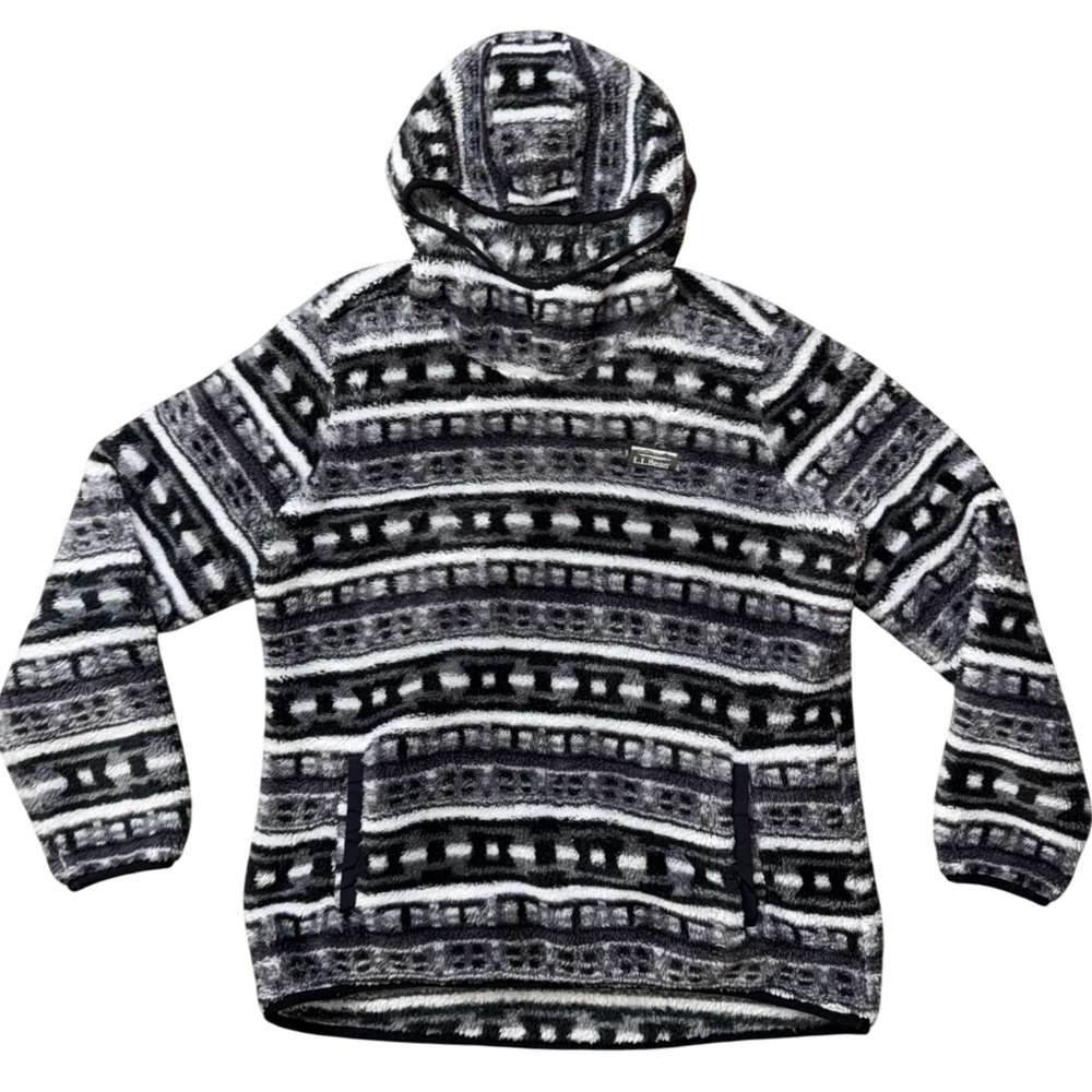 LL Bean Womens Large Fleece Hoodie Black White Fair Isle Pullover 512317